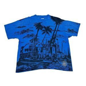 Vintage St Johns Bay T-shirt XL Blue Single Stitch All Over Print Tropical Boats